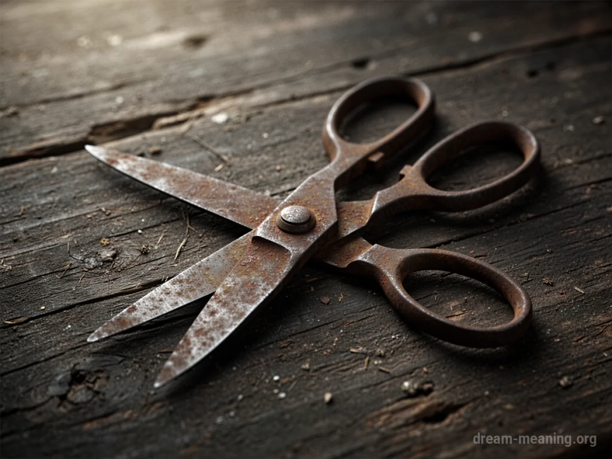 A close-up view of antique scissors with visible rust.