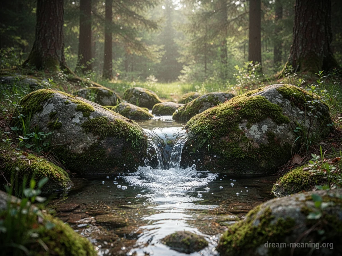 A natural spring with clear water emerging from rocks in a forest.
