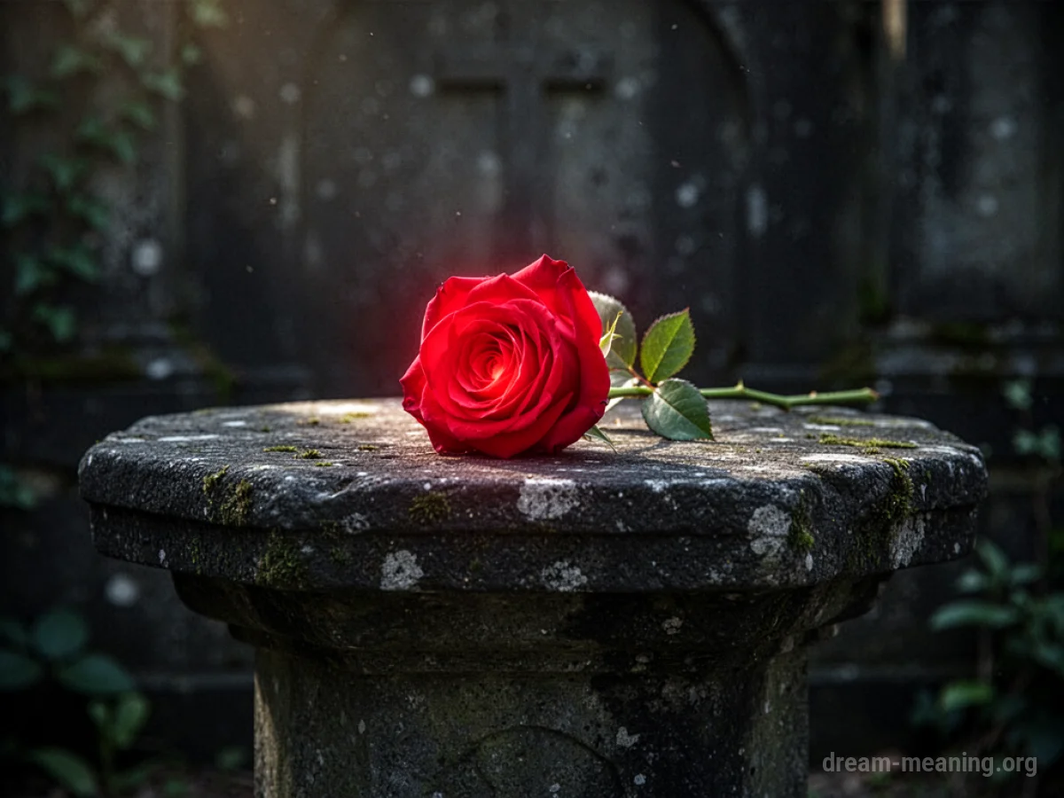 A red rose resting on a stone altar.