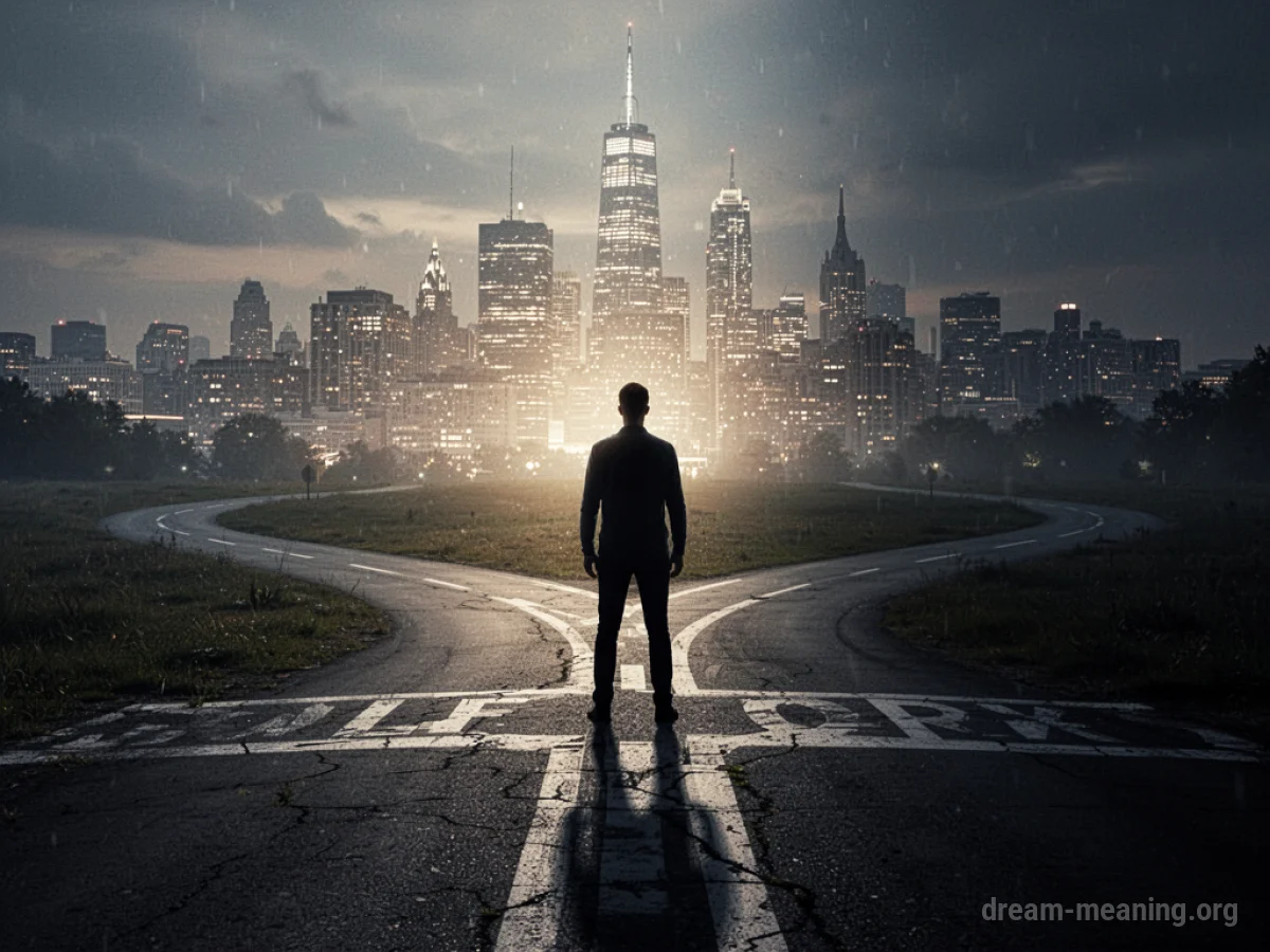 Silhouette figure at a crossroads with one path towards a city and another into darkness.