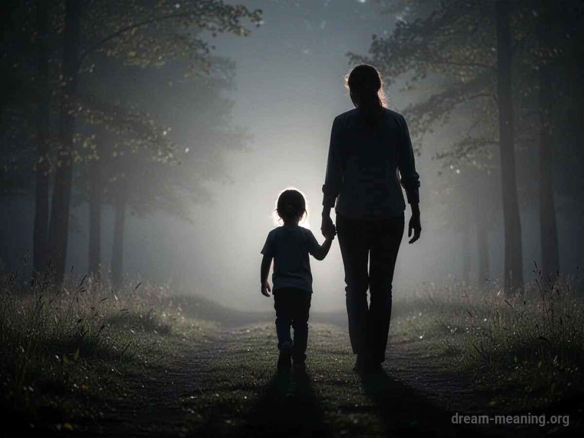 Silhouette of a parent and child walking towards a distant light.