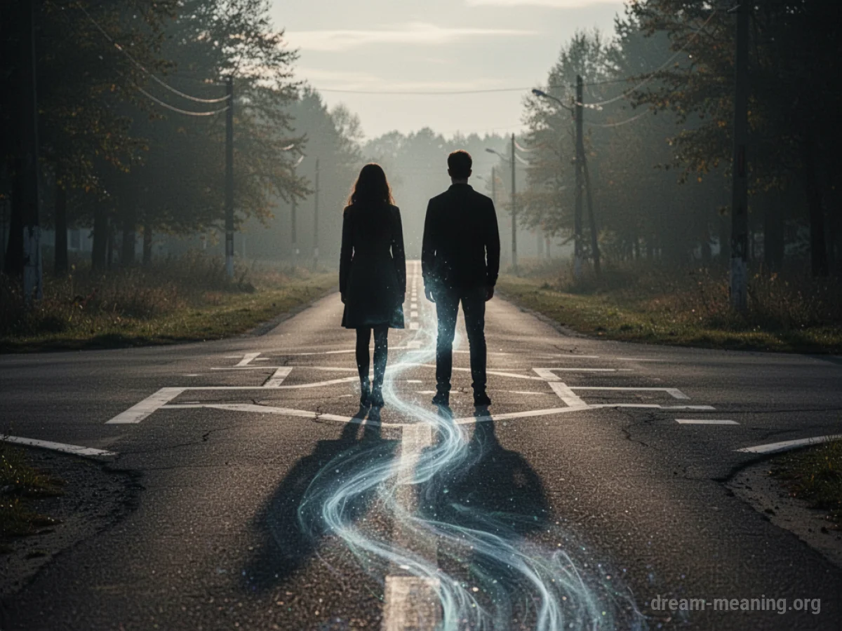 Silhouettes of two people at a diverging path.