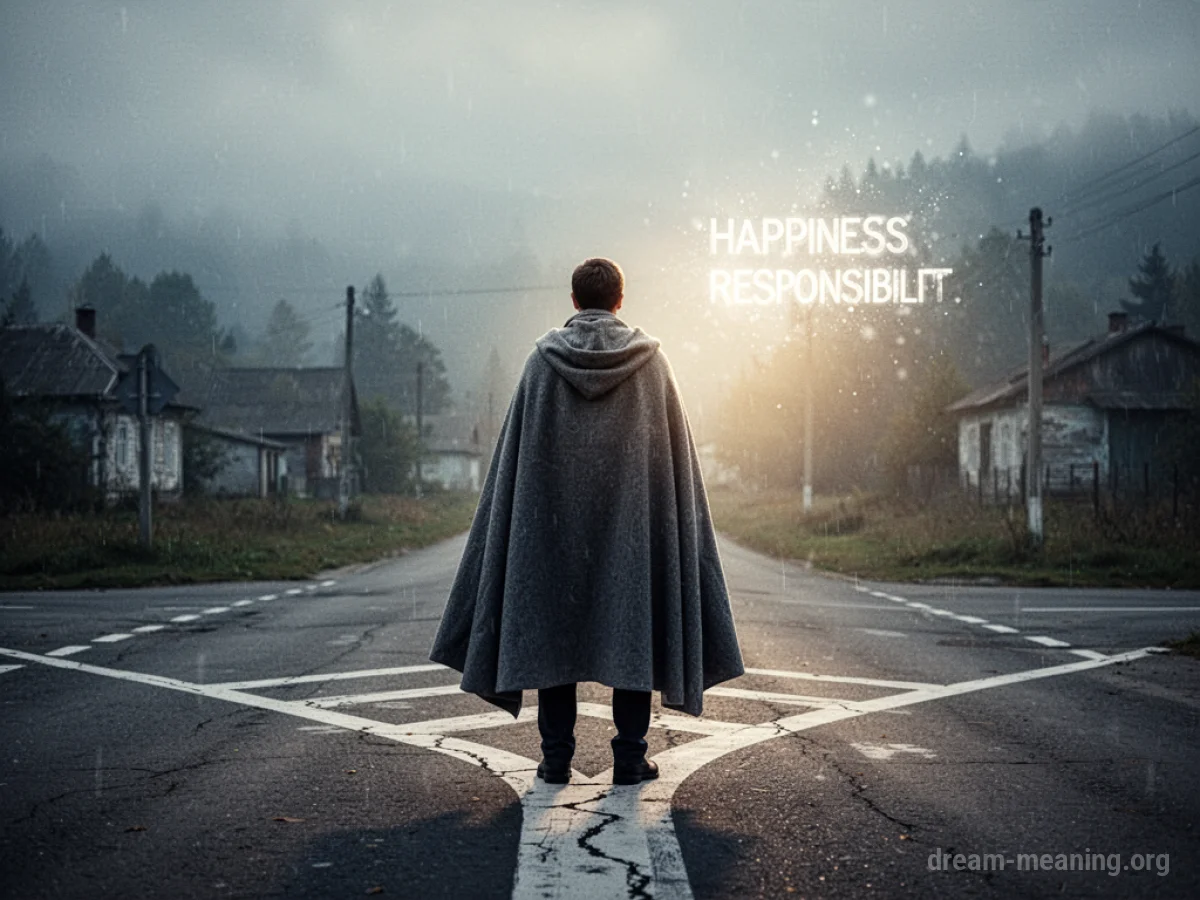 A person stands at a crossroads, one path leading to a dim light, another path obscured by shadows and a heavy cloak.