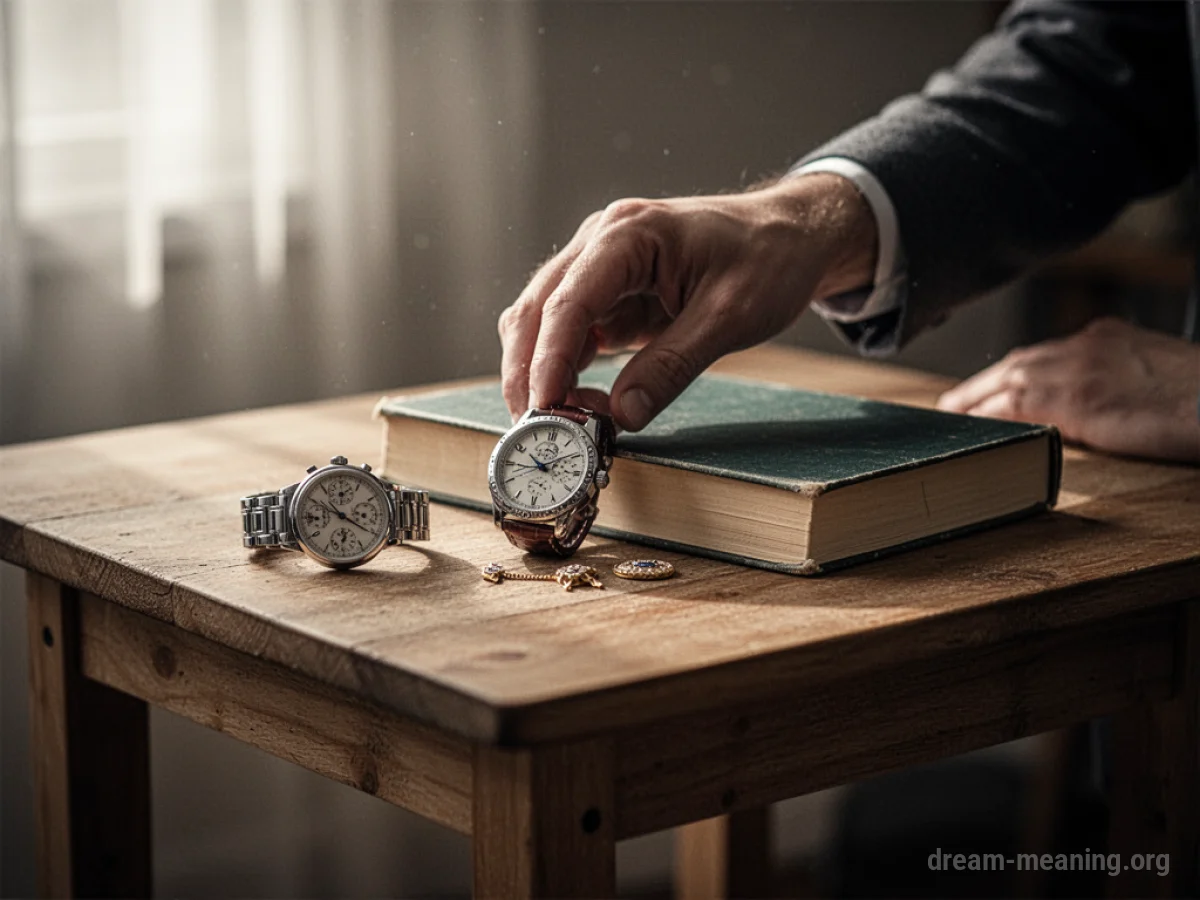 A hand placing a watch and a book on a table.