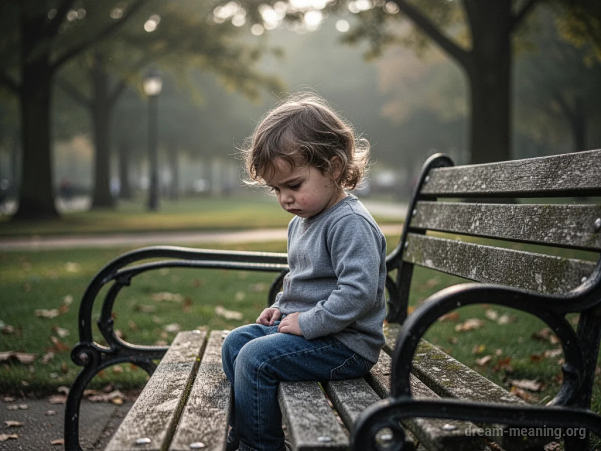 A young child sits alone on a park bench.