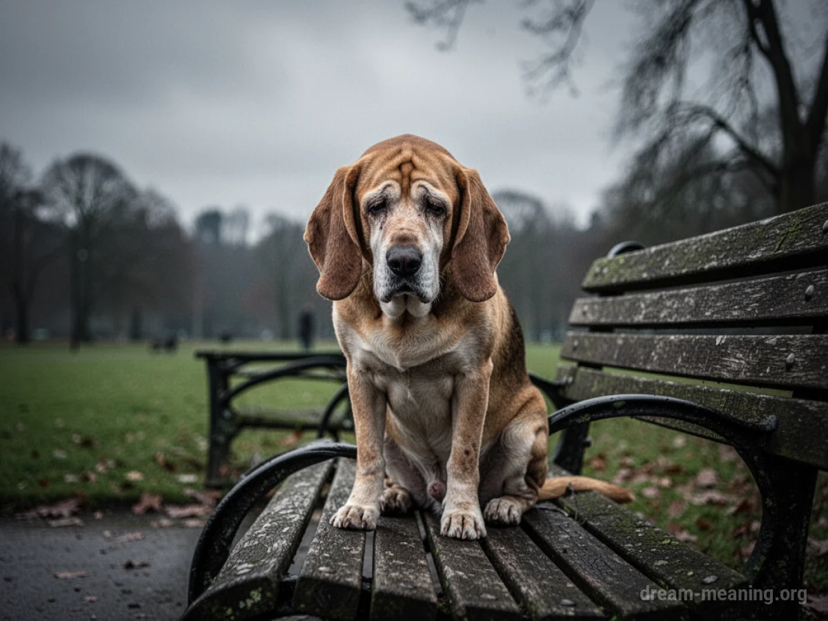 A dog with sad eyes sitting on a park bench.