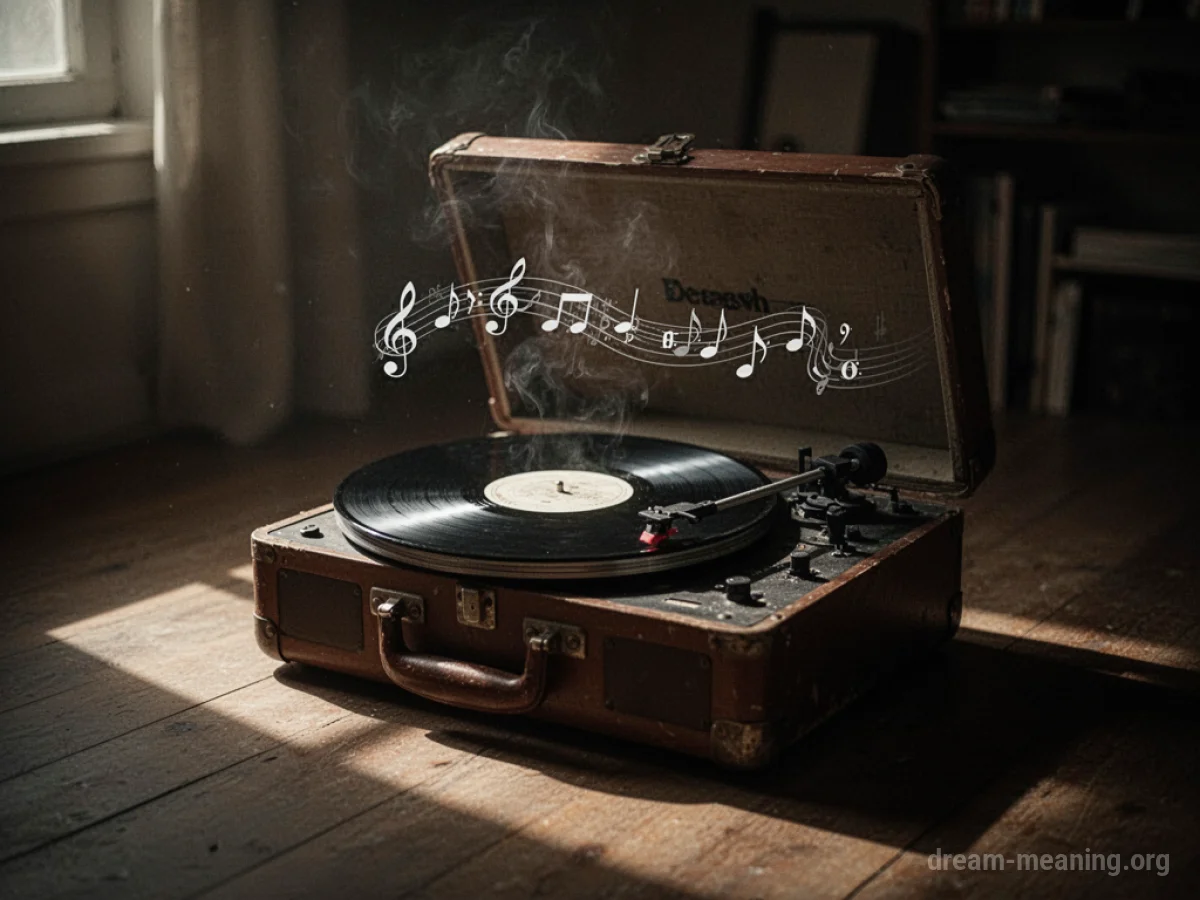 A vintage record player sits in a dark room with visible sound waves emanating from the speaker.