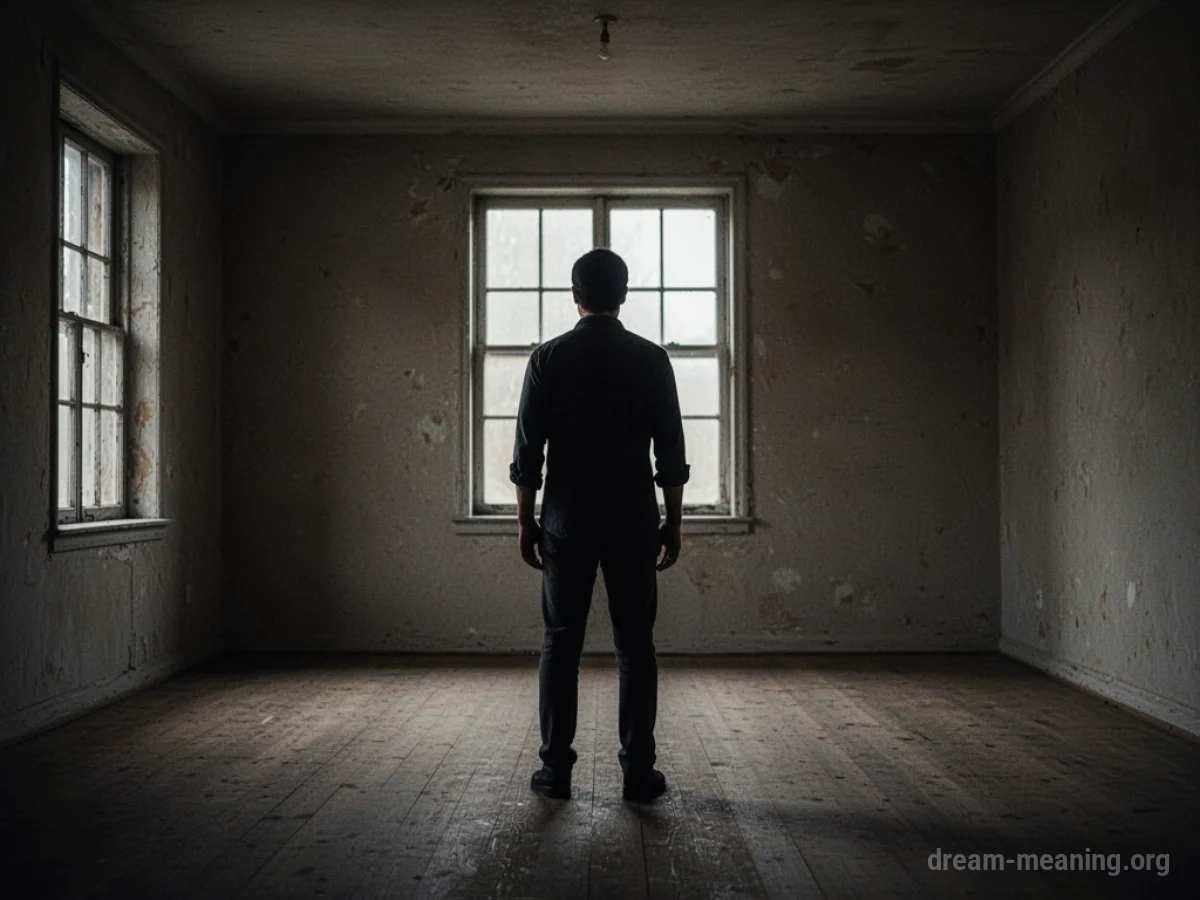 A silhouetted figure standing alone in a large, empty room.