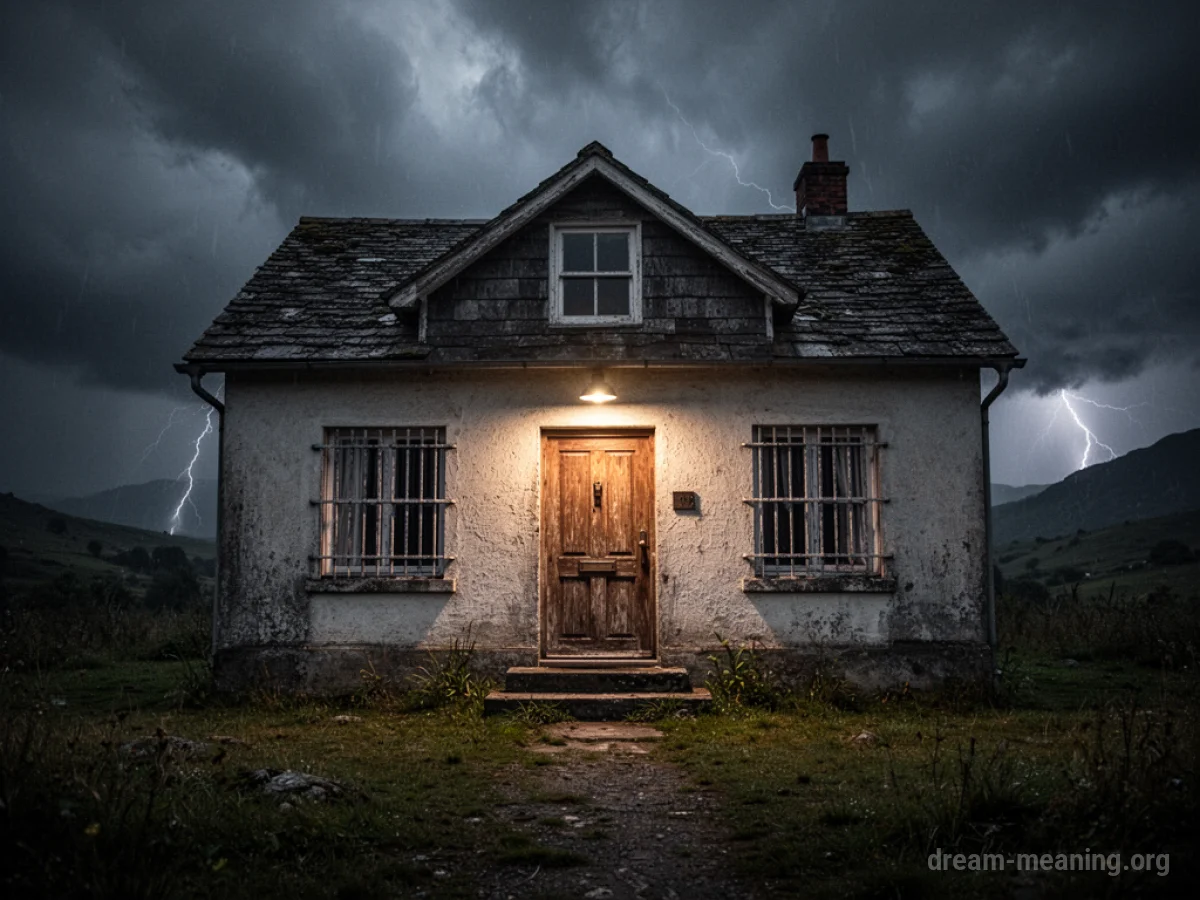 A fortified house standing against a dark, stormy background.