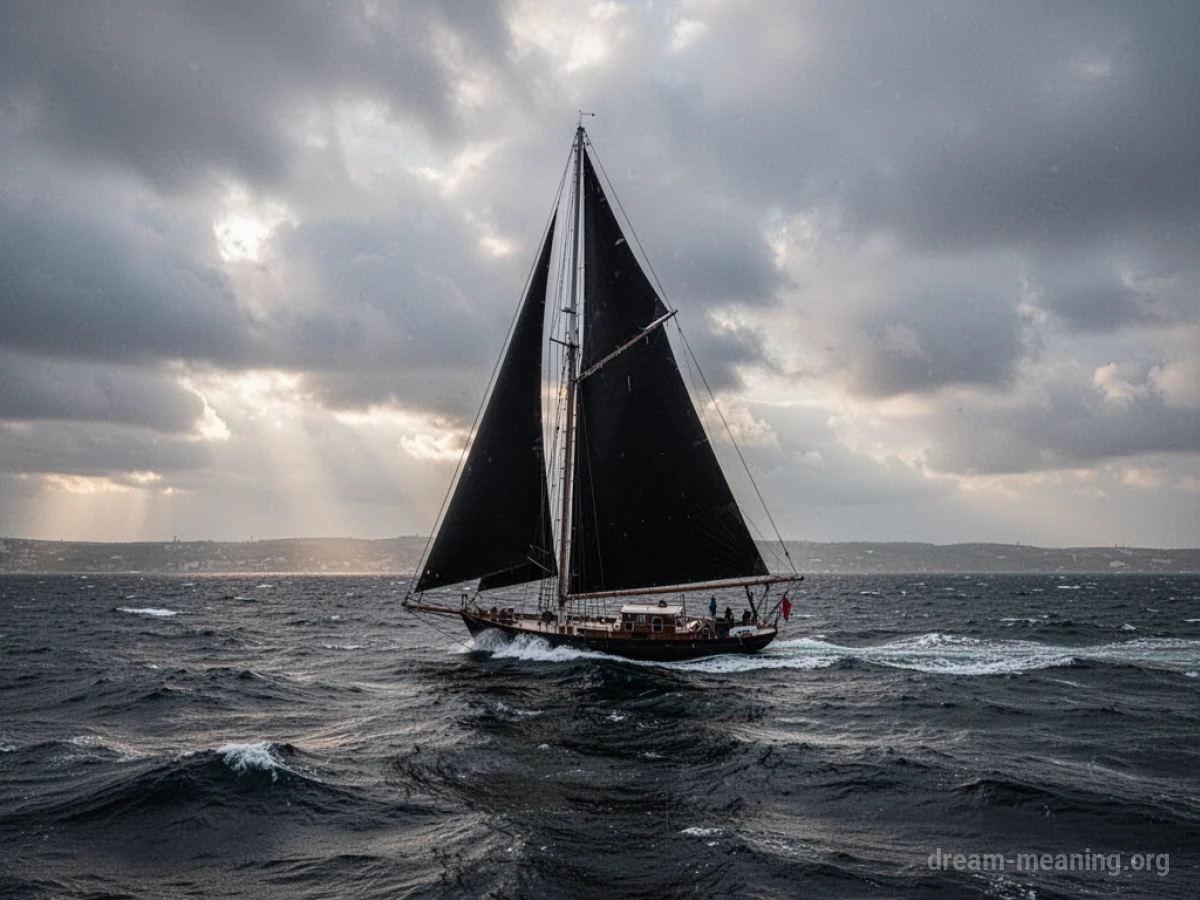 A solitary sailboat with dark sails navigating rough waters.