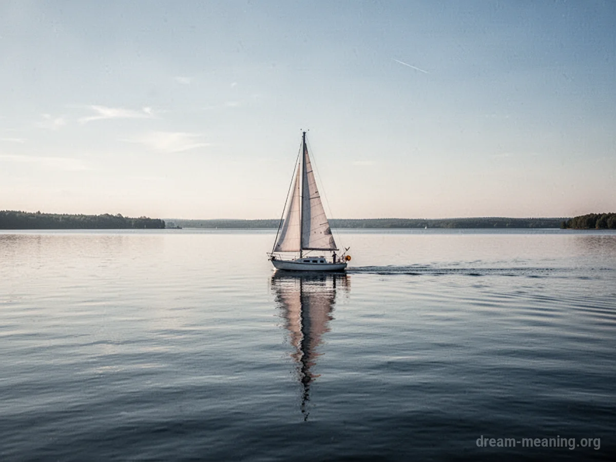 A single sailboat floating on a tranquil, glassy sea.