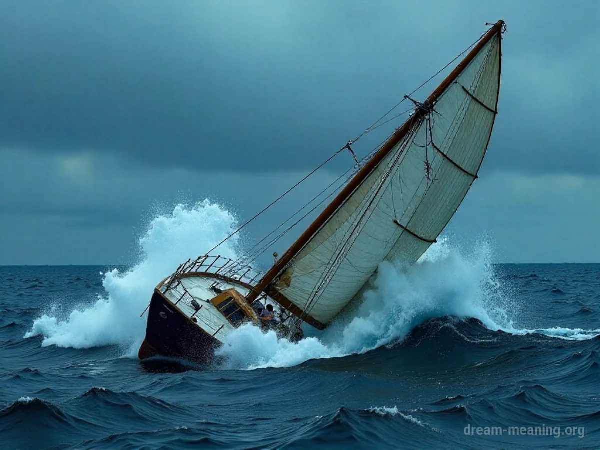 A sailboat tilted in rough water.