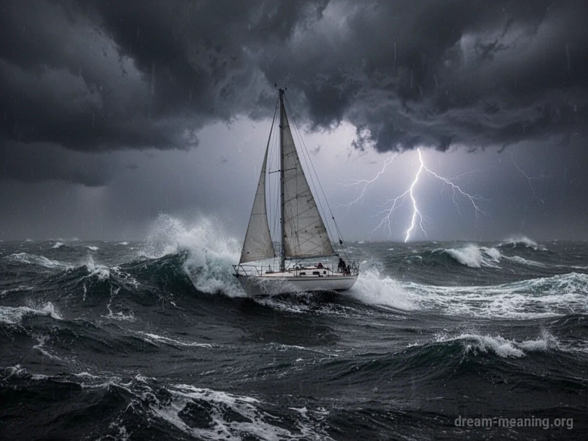 A small sailboat tossed by large waves during a dark, stormy weather event.