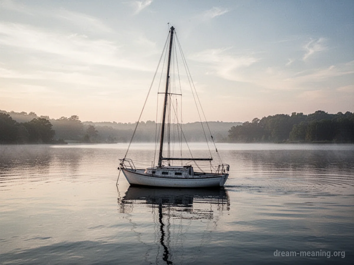 A sailboat with no sails on the water.