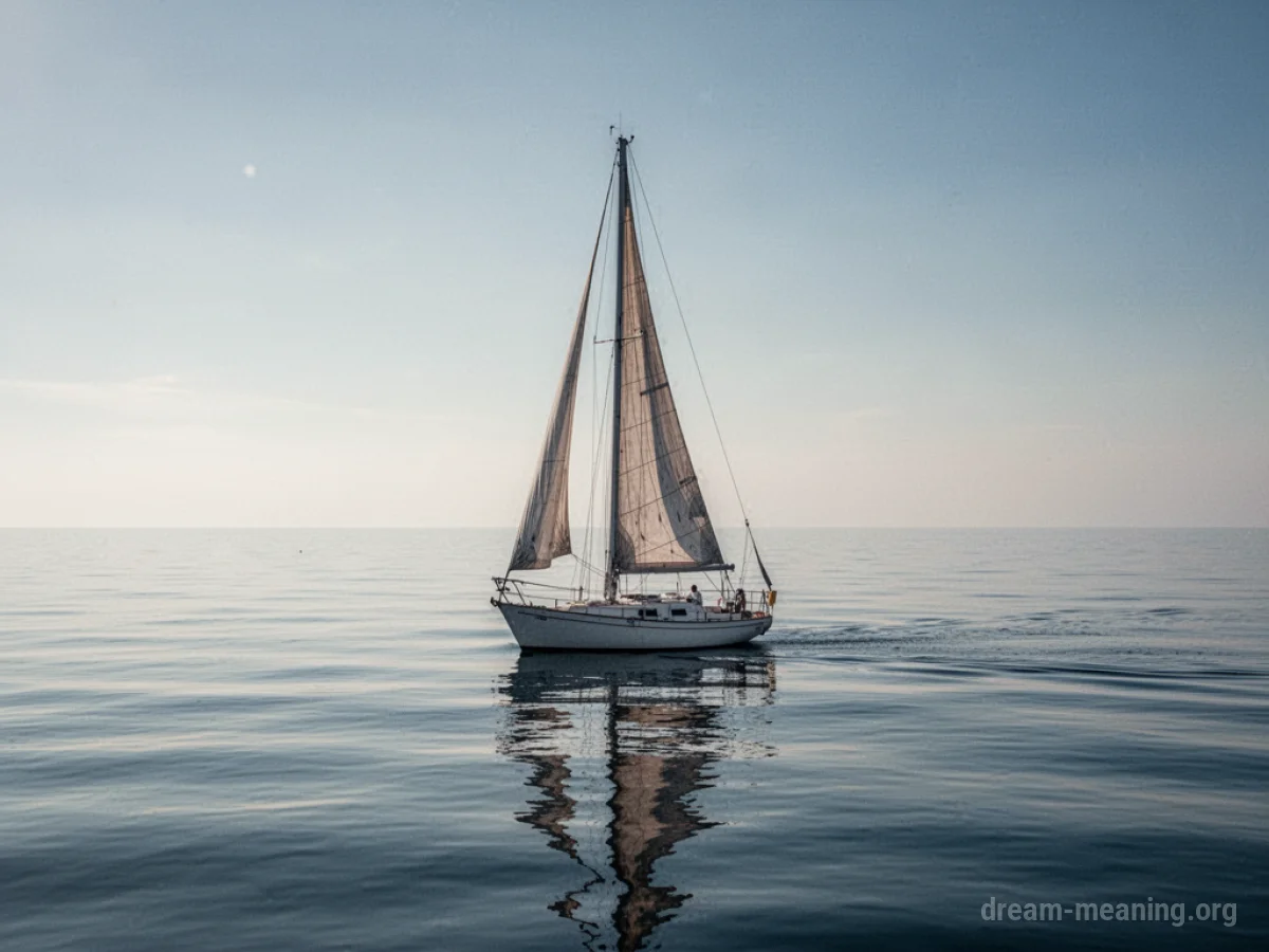 A sailboat on still water with its sails hanging limp.