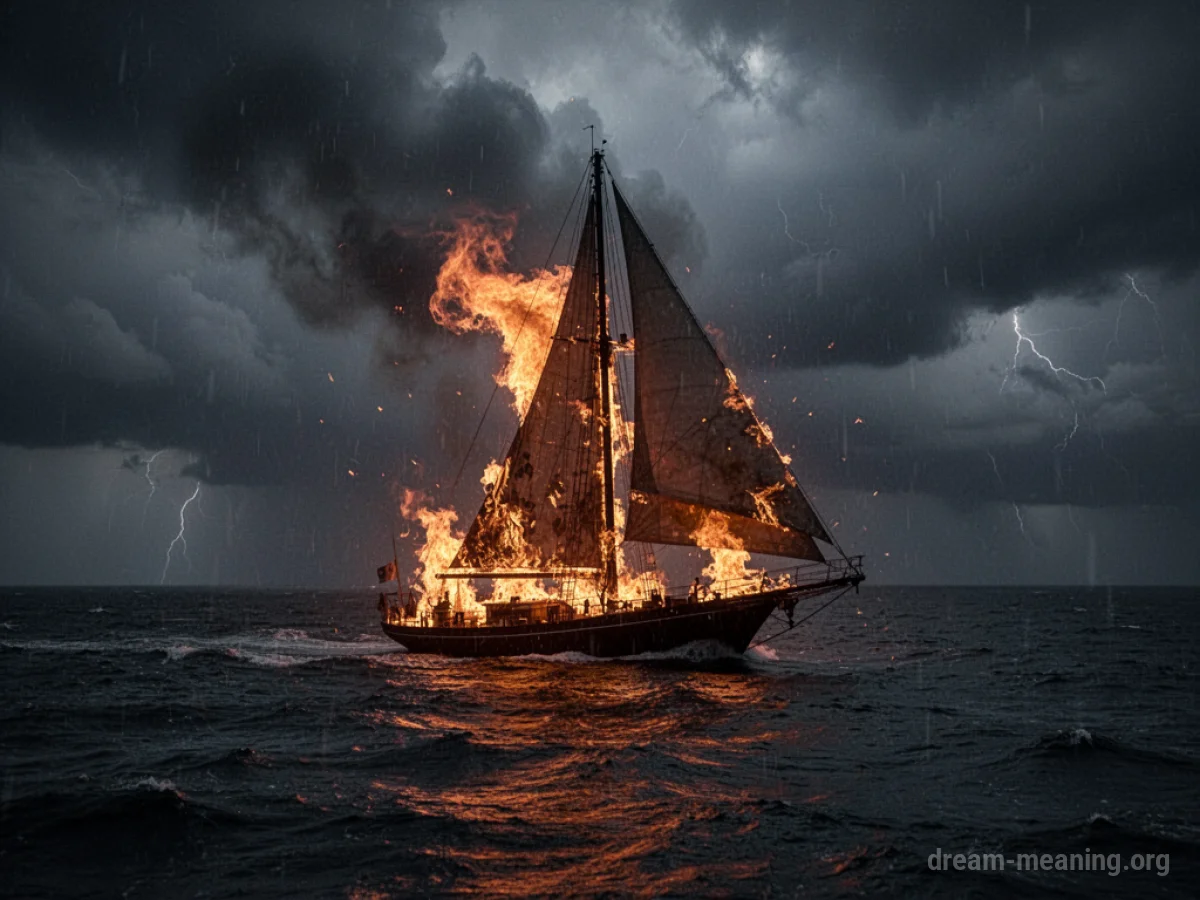 Silhouette of a burning sailboat on rough water.