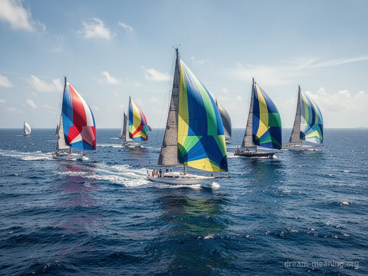 Multiple sailboats with sails up racing on a wide blue ocean.
