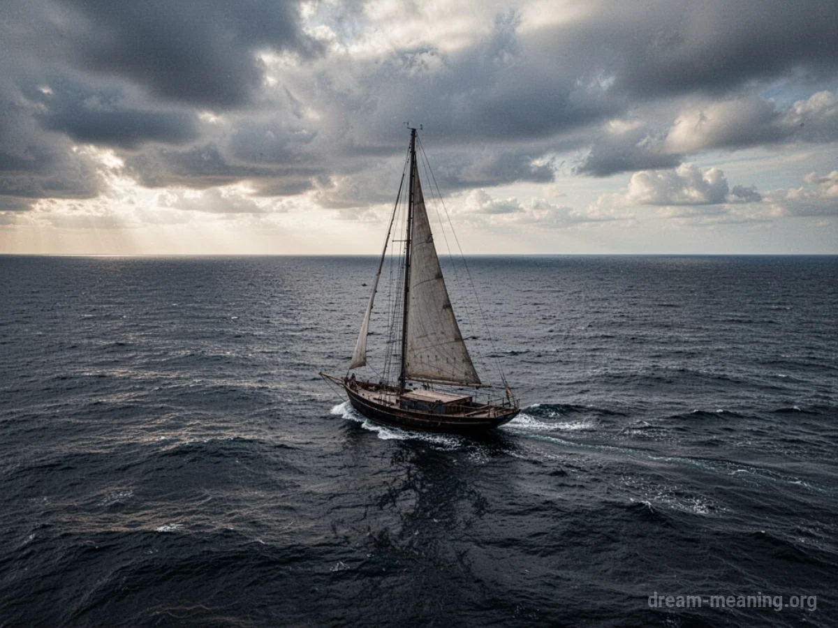An empty sailboat drifting on a dark, choppy sea.