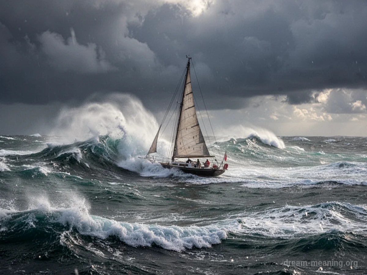 A sailboat on rough water with high winds and dark clouds.