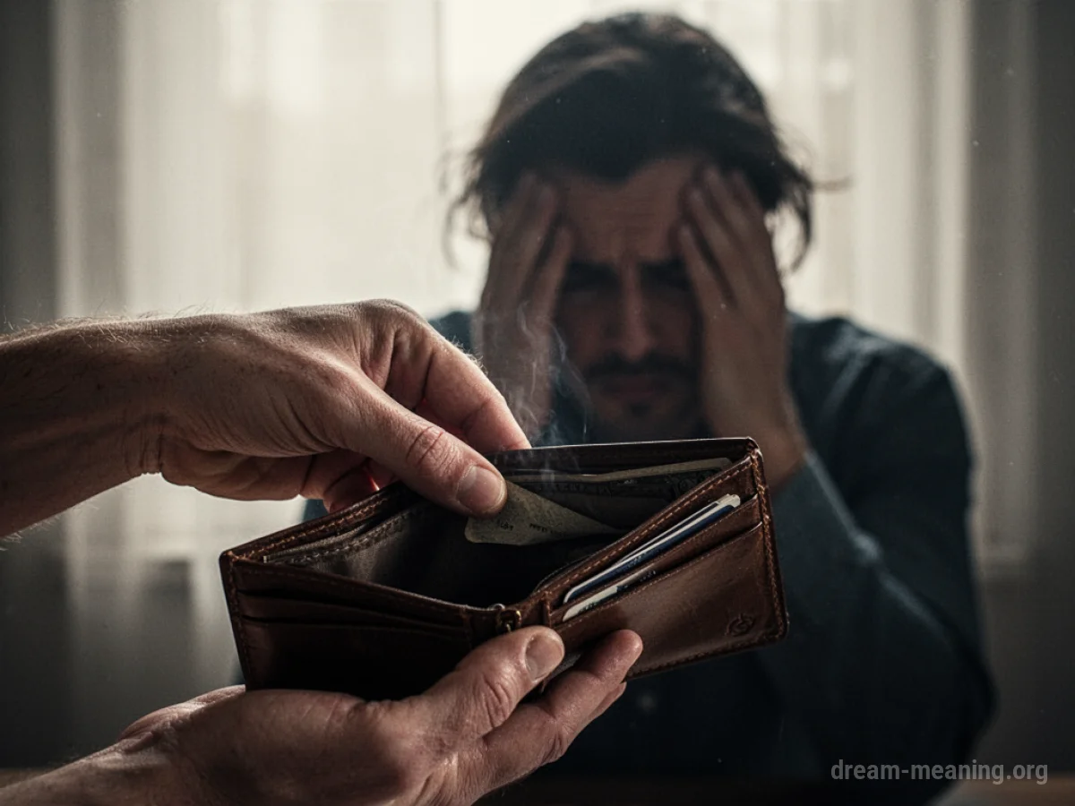 A hand removing money from an open wallet, with a person standing behind.