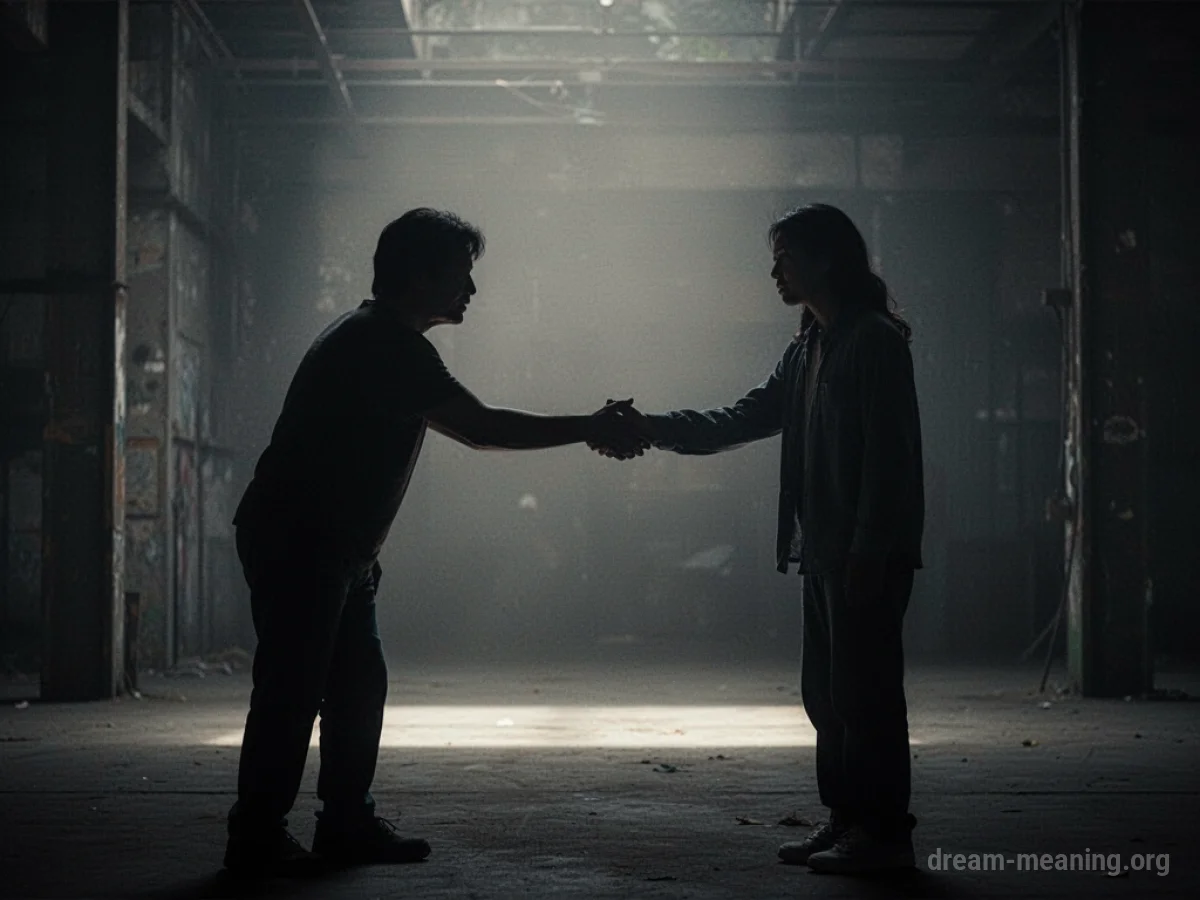 A shadowy figure extends a hand to another figure.