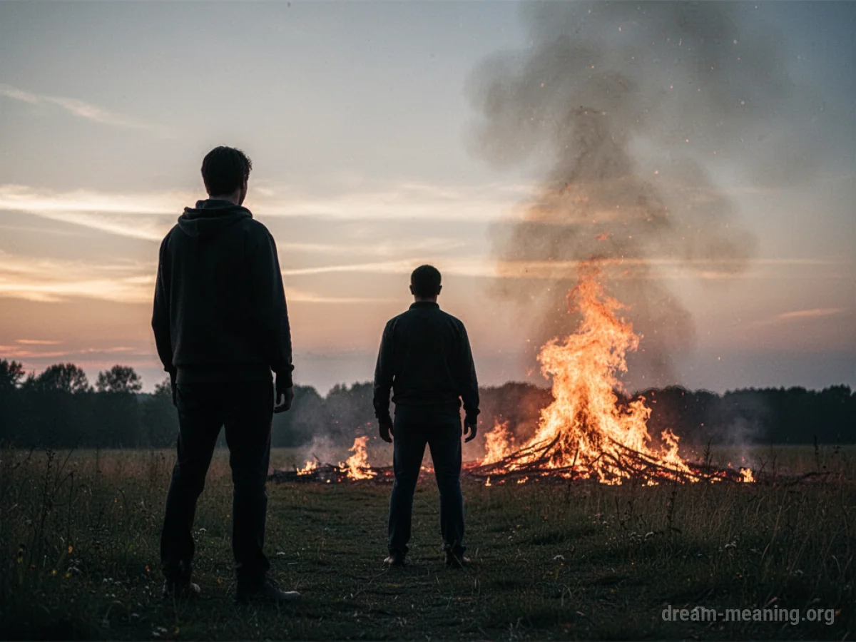 Silhouette of a person standing on safe ground with a controlled fire in the background.