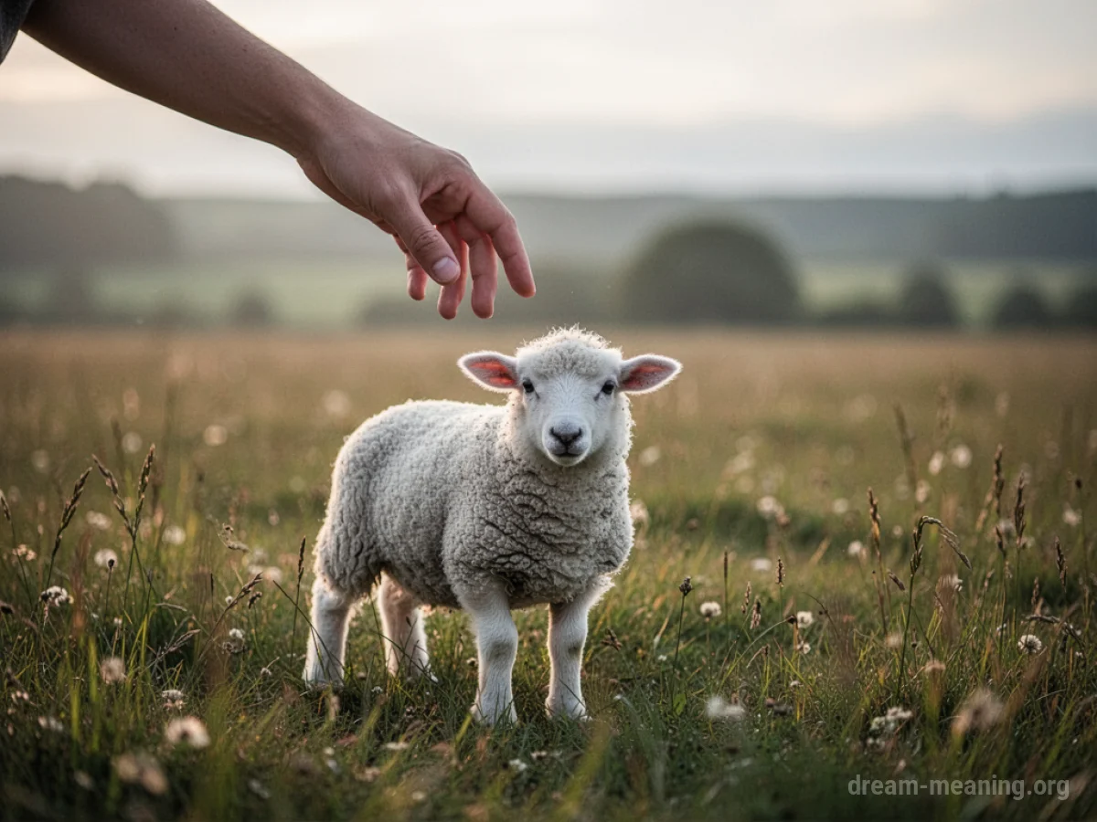 A person's hand reaching down to help a white sheep.