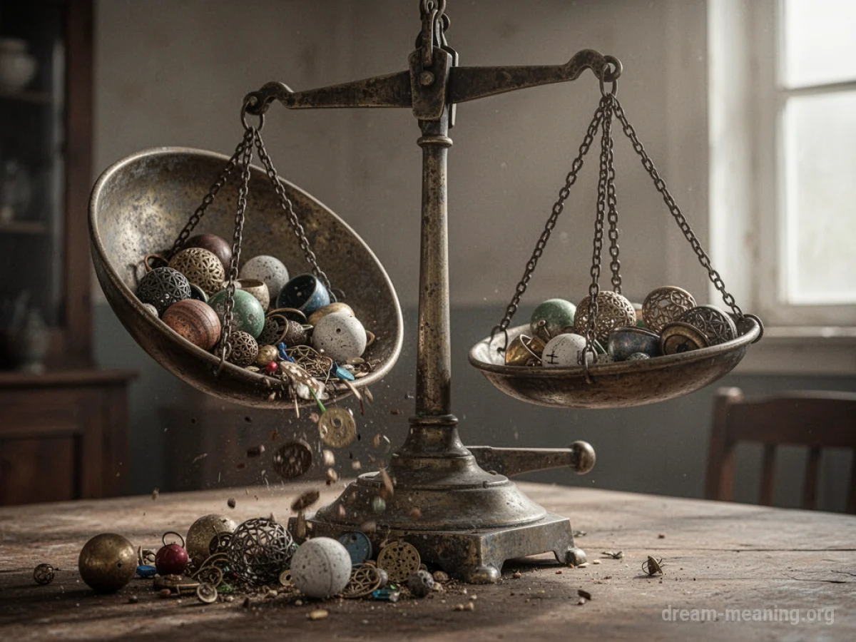 A tilted balance scale with items falling off one side.