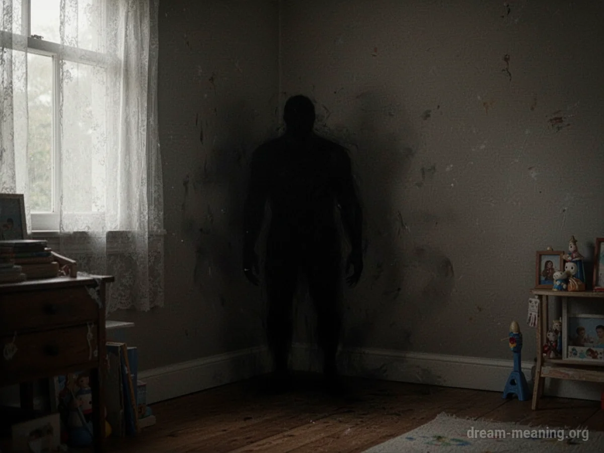 A dark, indistinct shape resembling a human figure in a dimly lit room.