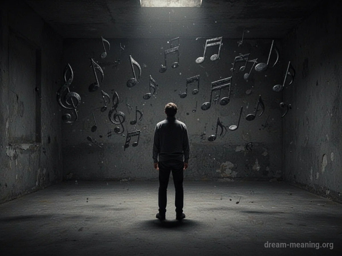 A dark room with distorted musical notes floating.