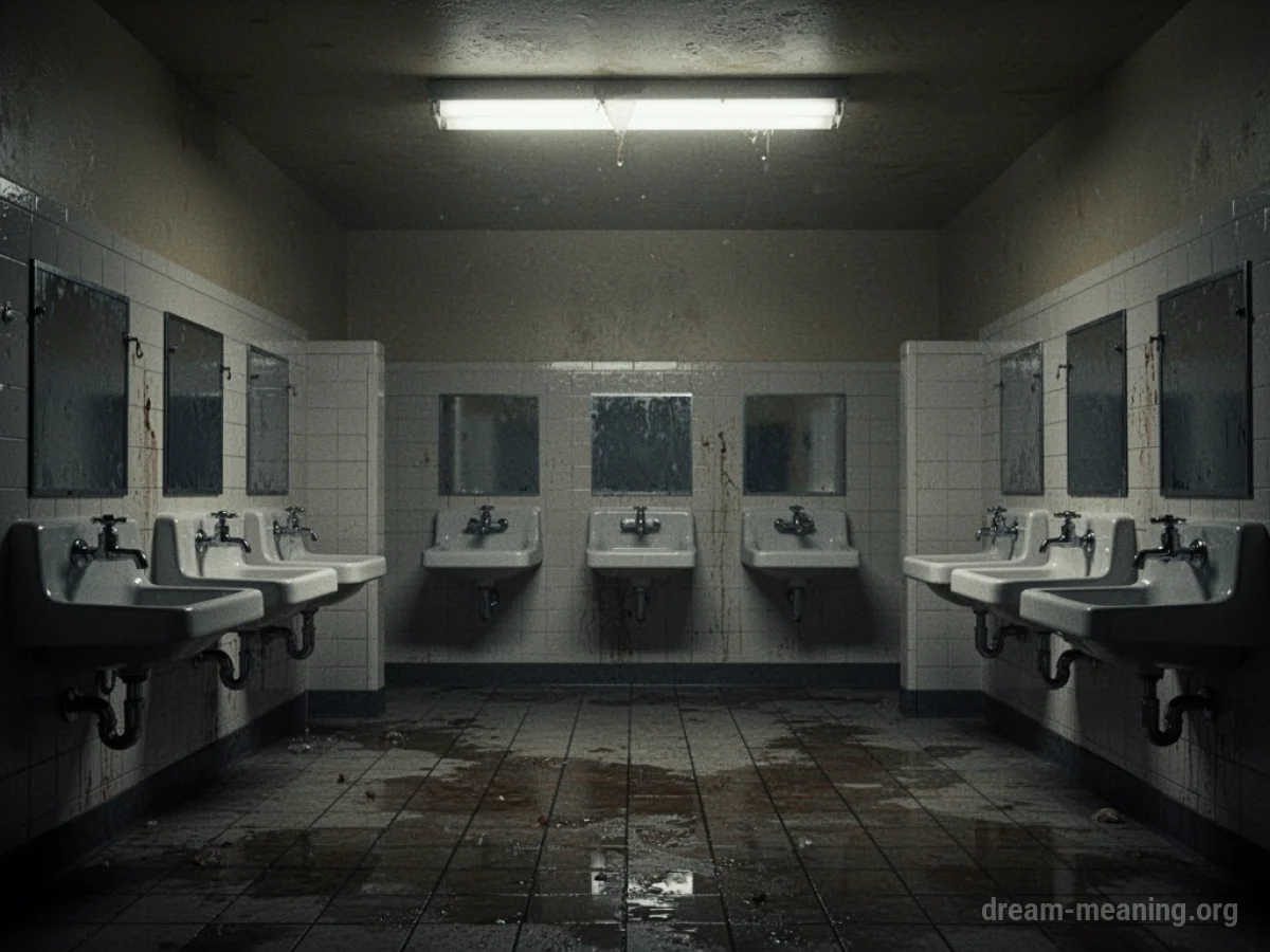Interior of an old-fashioned school bathroom with row of stalls and sinks.