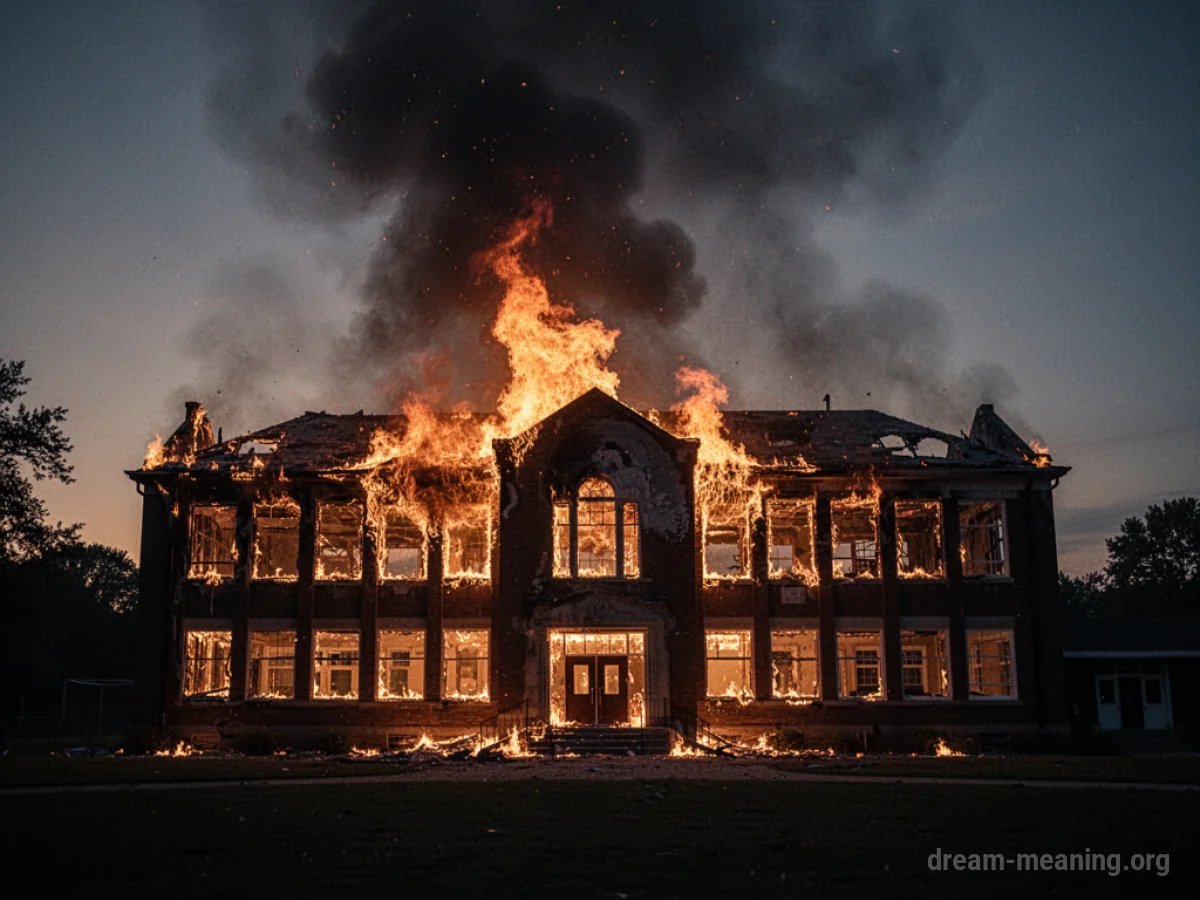 A school building with flames and smoke visible.