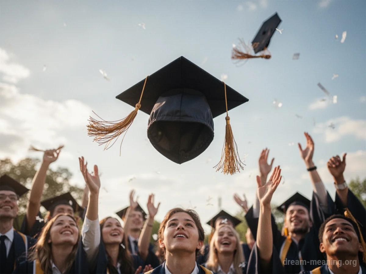 A graduation cap being thrown upwards.