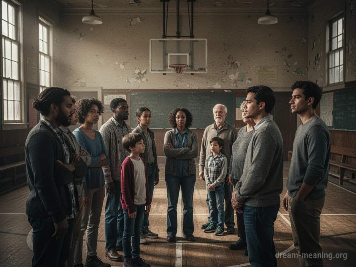 A diverse group of adults gathered in a vintage school gymnasium.