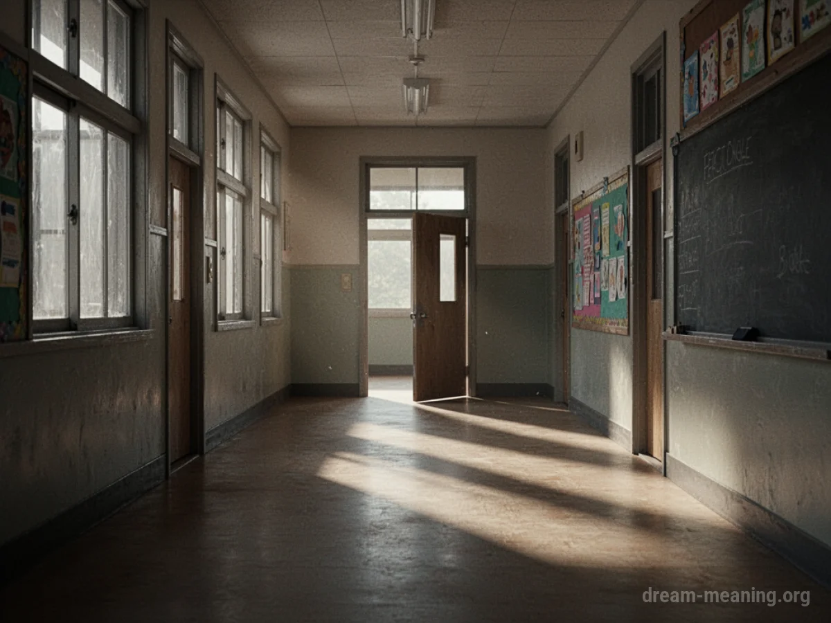 A dark silhouette of a school building against a twilight sky.