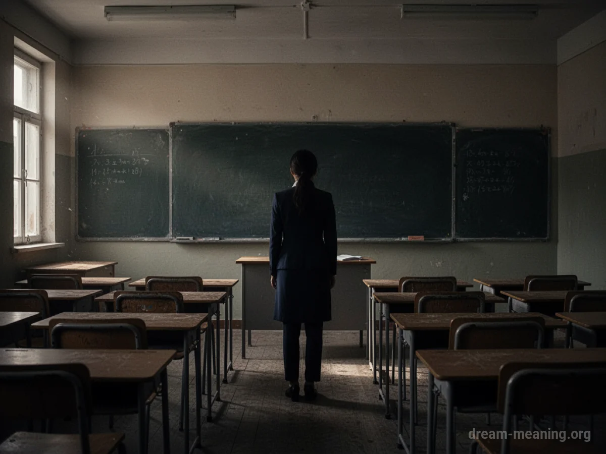Silhouette of a teacher at the front of a classroom.