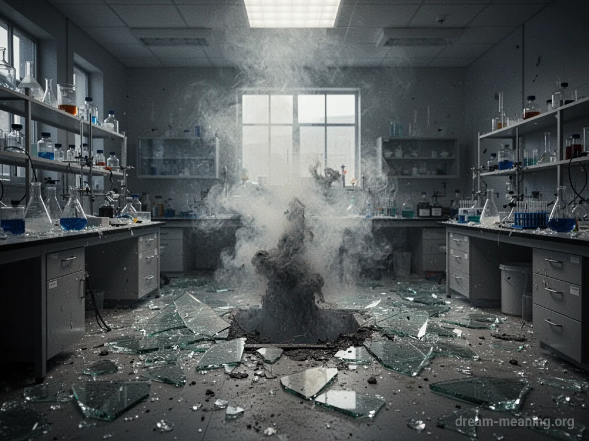 A damaged laboratory with smoke.