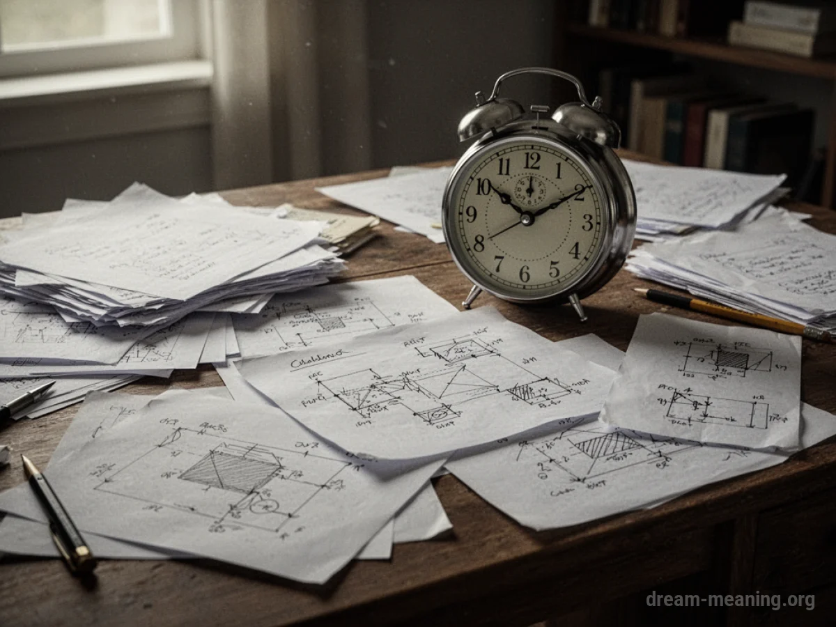A messy desk with unfinished work and a clock.