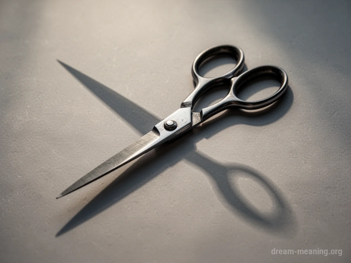 A pair of sharp scissors looming over a surface, casting a menacing shadow.