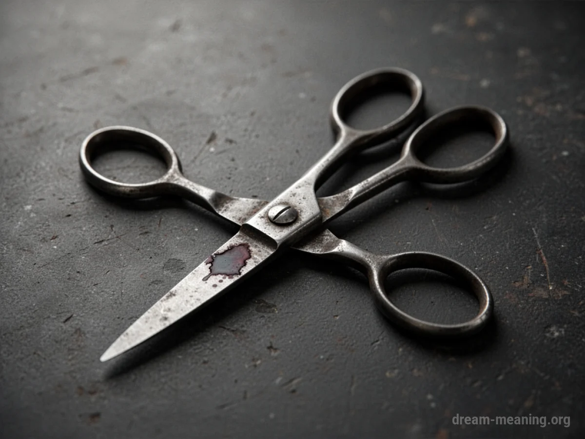 Antique scissors with a dark stain on one blade resting on a dark surface.