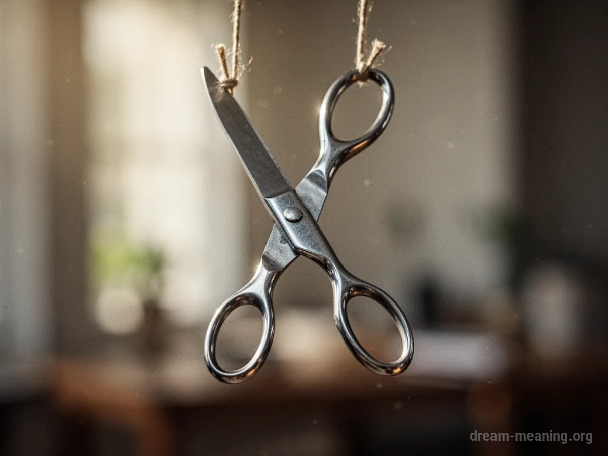 A pair of open scissors hanging in the air.