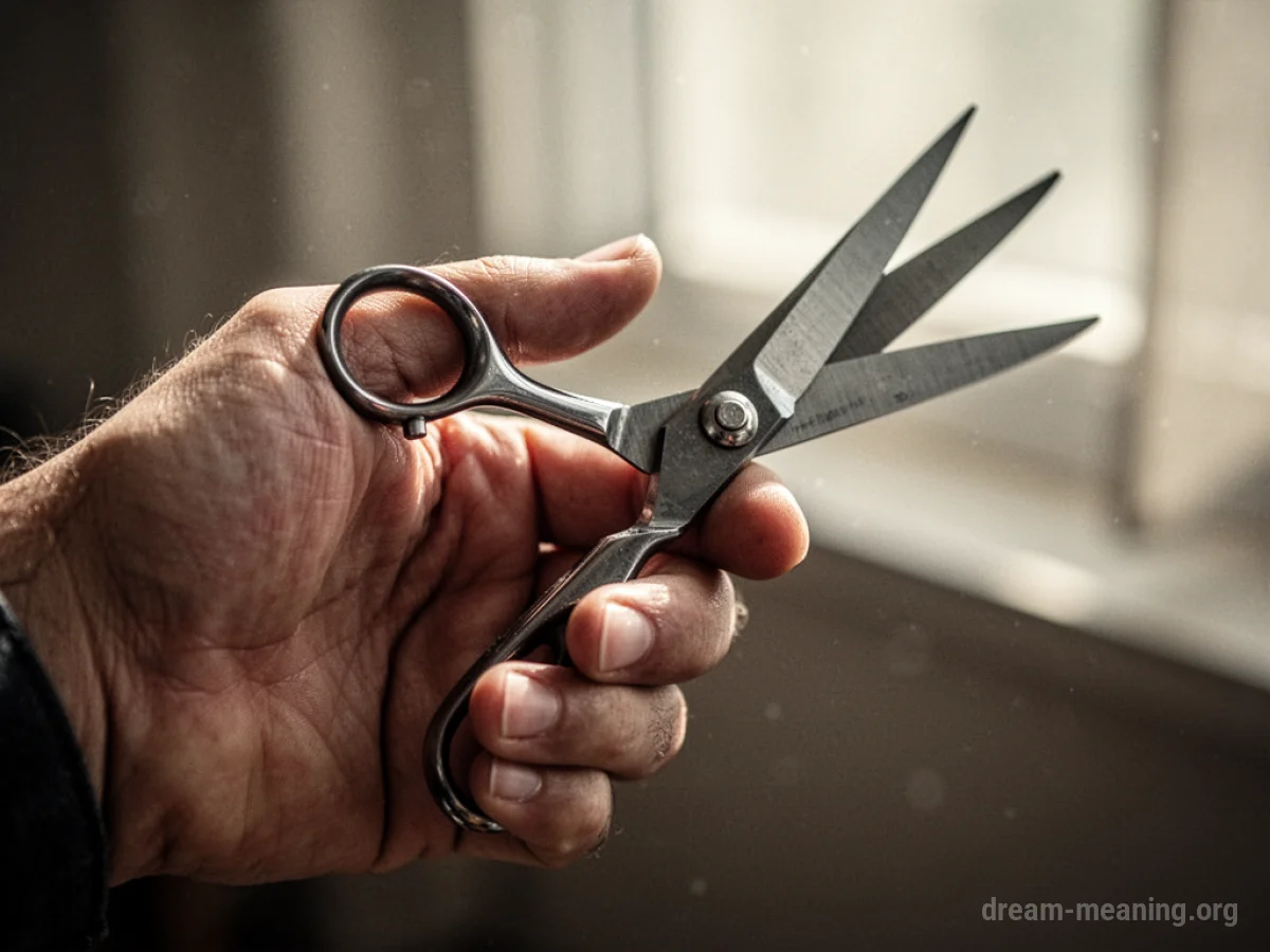 A hand holding a pair of open scissors.