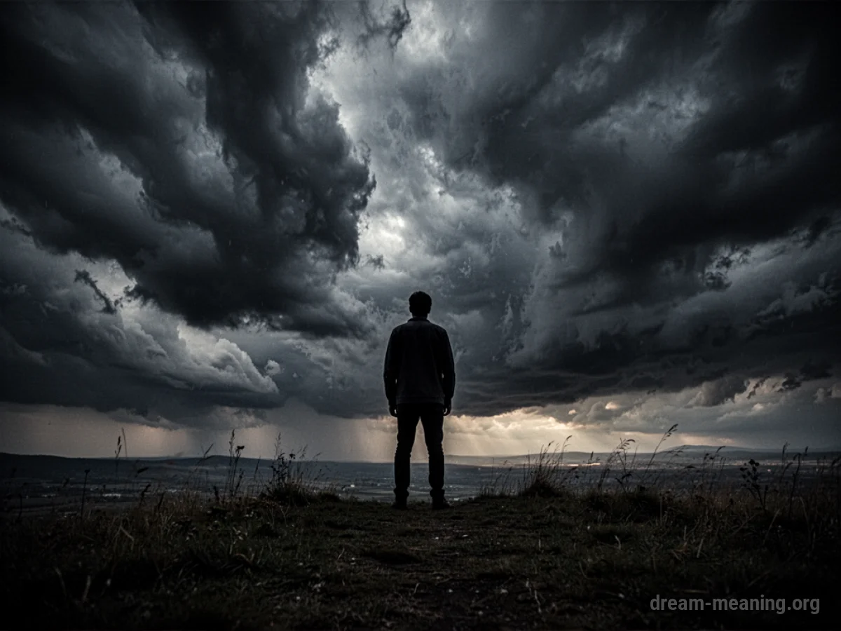 A dark, stormy sky above a small, isolated figure.