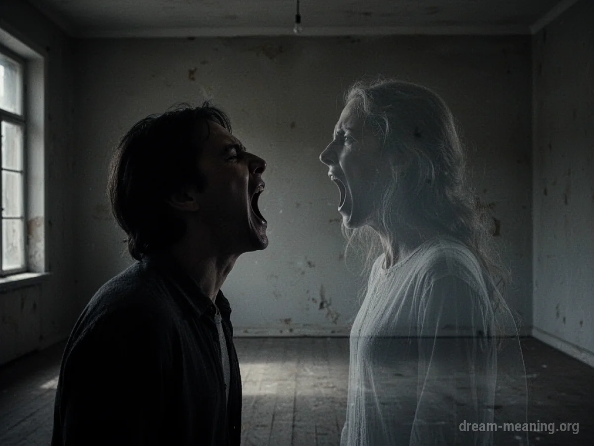 Silhouette of a person screaming towards a faint ghost in a dark room.