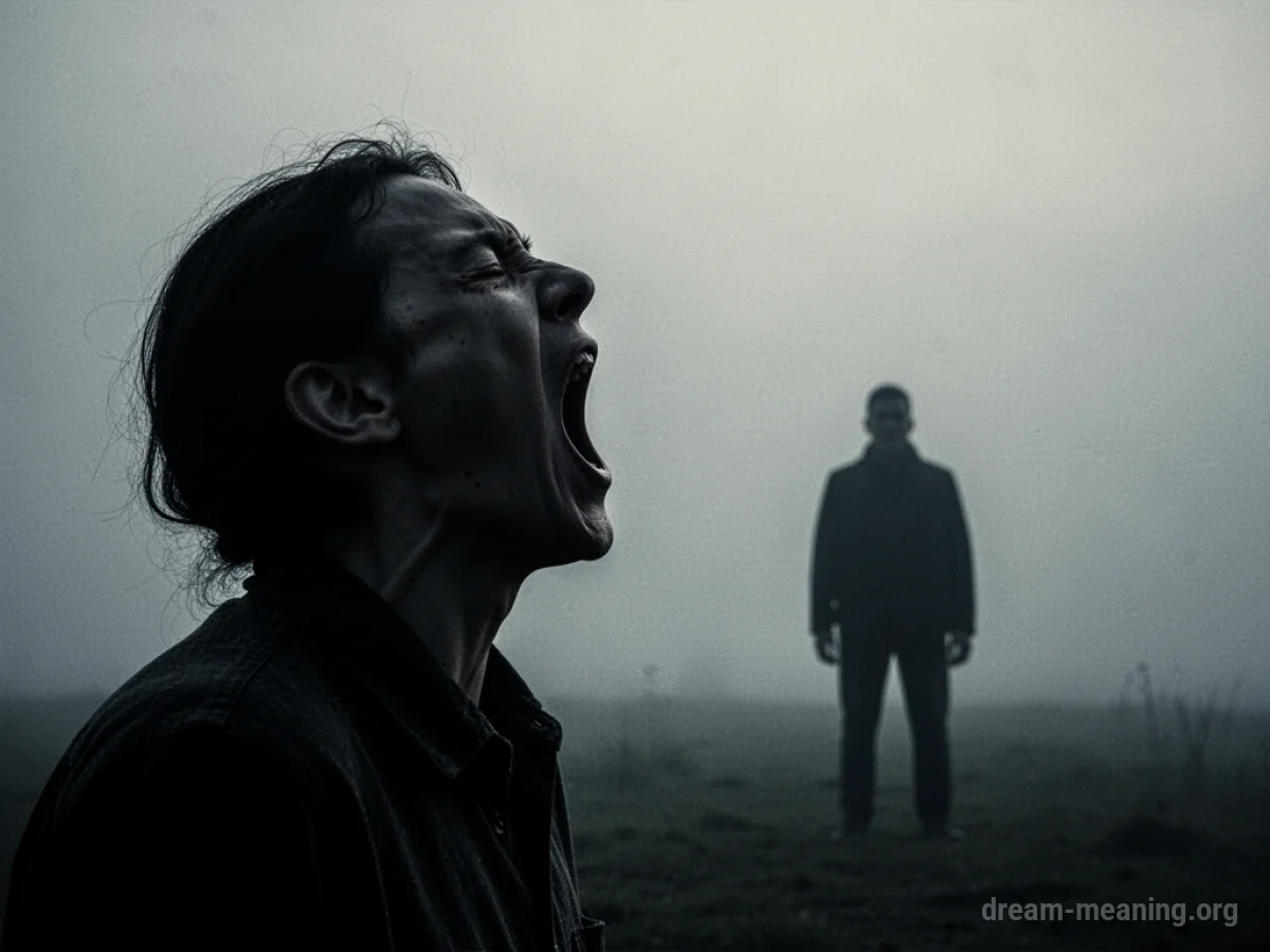 Silhouettes of two figures, one facing the other with an open mouth.