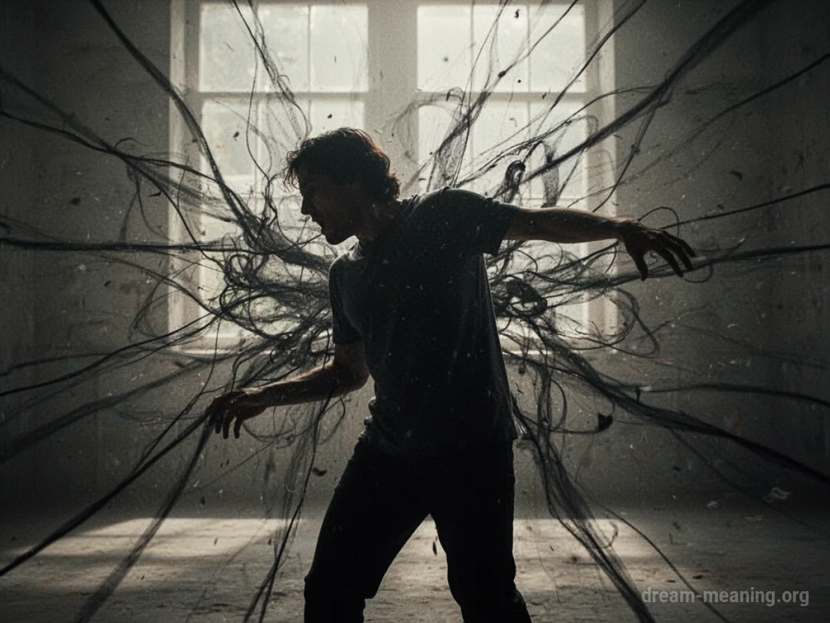 Silhouette of a person recoiling from an unseen threat, with abstract lines.