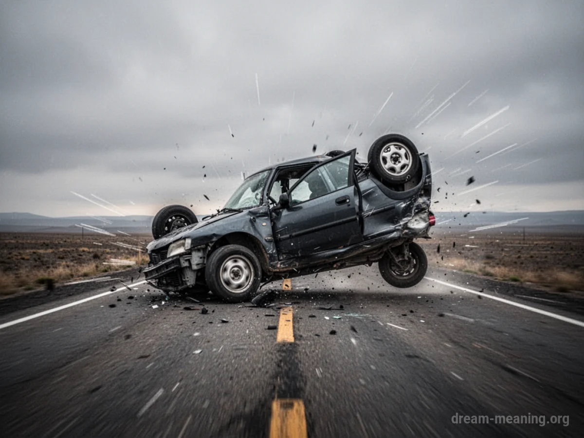 A car partially overturned on a road under a grey sky.