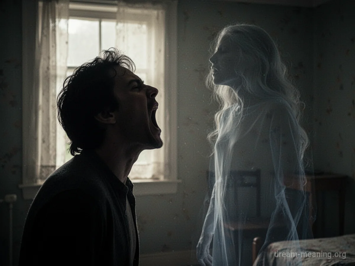 Silhouette of a person screaming at a translucent figure.