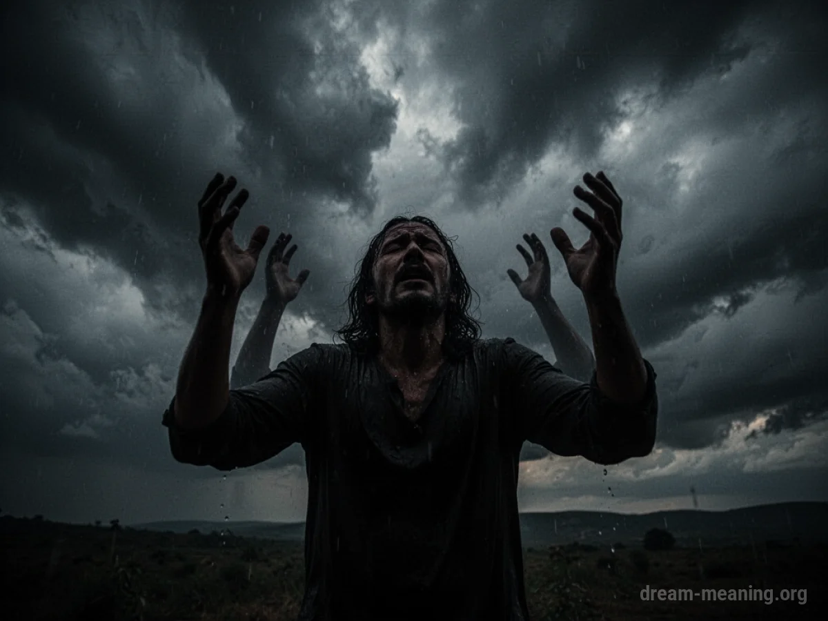Silhouette of a person with arms raised against a stormy sky.