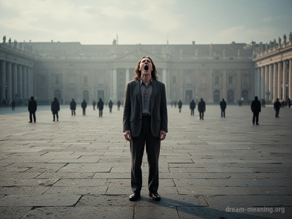 A silhouette of a person with their mouth open wide in a vast, empty public space.